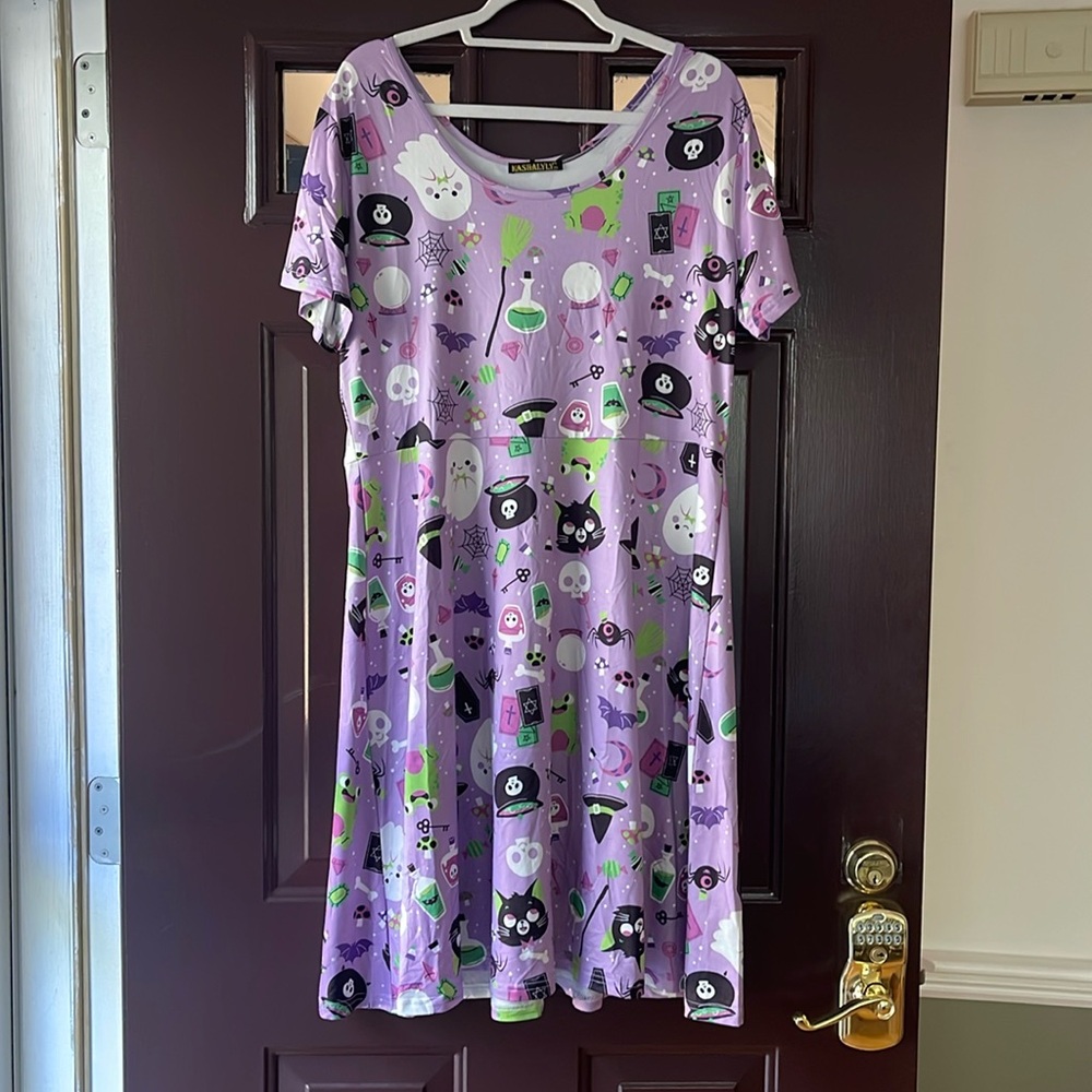 Halloween Pastel Purple Cutesy Scoop Neck Short Sleeve Dress 2xl